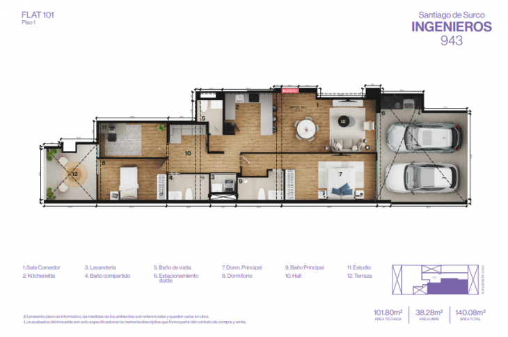 Plano del modelo 101 del proyecto INGENIEROS 943 en Santiago De Surco