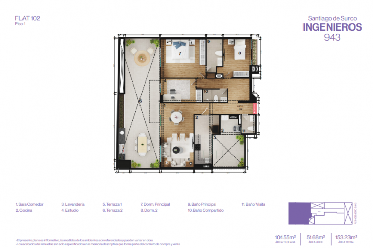 Plano del modelo 102 del proyecto INGENIEROS 943 en Santiago De Surco