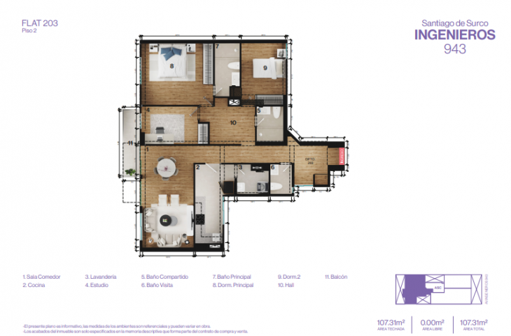 Plano del modelo 203 del proyecto INGENIEROS 943 en Santiago De Surco