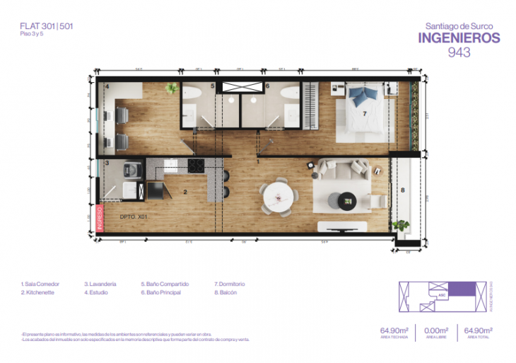 Plano del modelo 301 del proyecto INGENIEROS 943 en Santiago De Surco