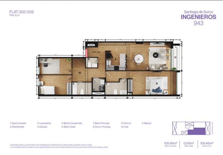 Plano del modelo 302 del proyecto INGENIEROS 943 en Santiago De Surco