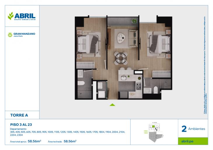 Plano del modelo SFP-A-305-1705, 1804-2304 del proyecto Gran Manzano en Jesus Maria
