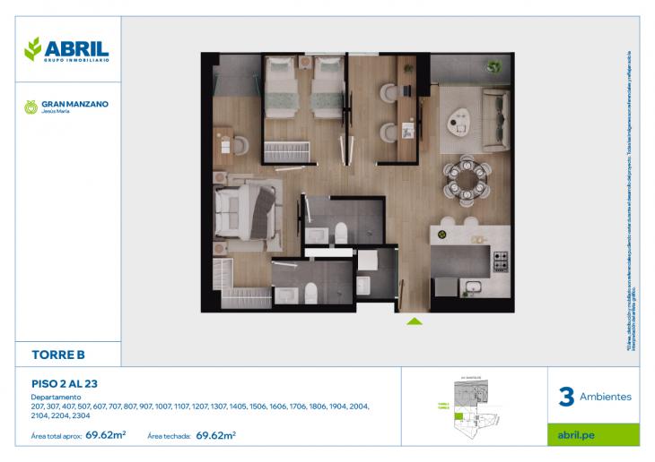 Plano del modelo SFP-B -207-1307, 1405, 1506-1806, 1904-2304 del proyecto Gran Manzano en Jesus Maria