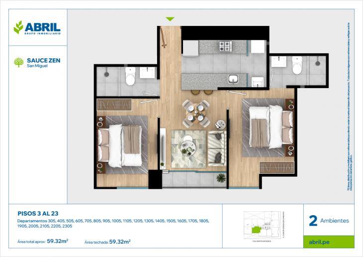 Plano del modelo CGC - 305 AL 2305 del proyecto Sauce Zen en San Miguel