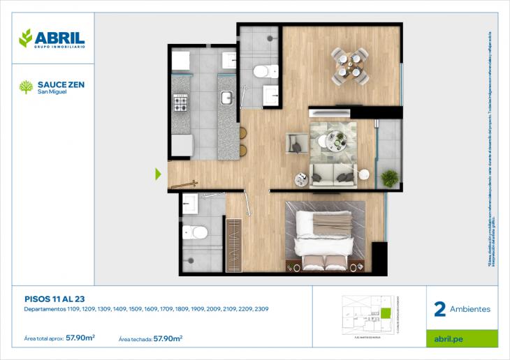 Plano del modelo CGC - 1109 AL 2309 del proyecto Sauce Zen en San Miguel