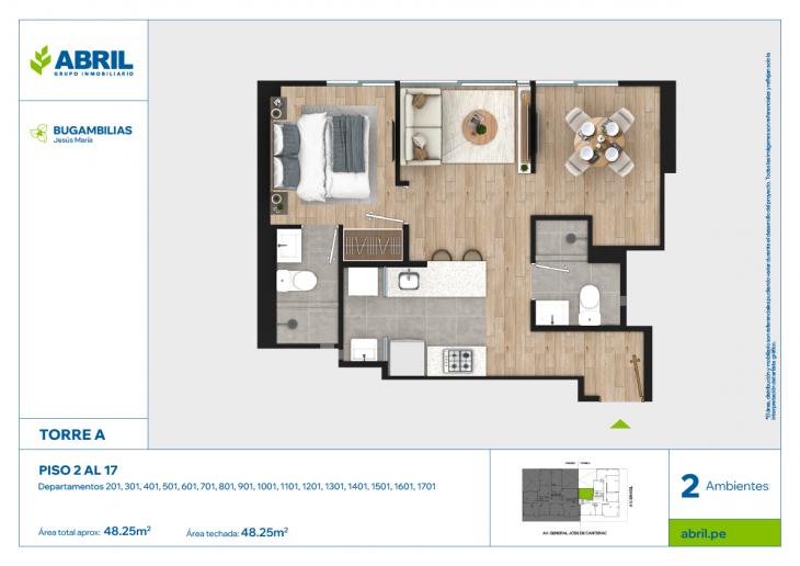 Plano del modelo BUG-A-201 AL 1701 del proyecto Bugambilias en Jesus Maria