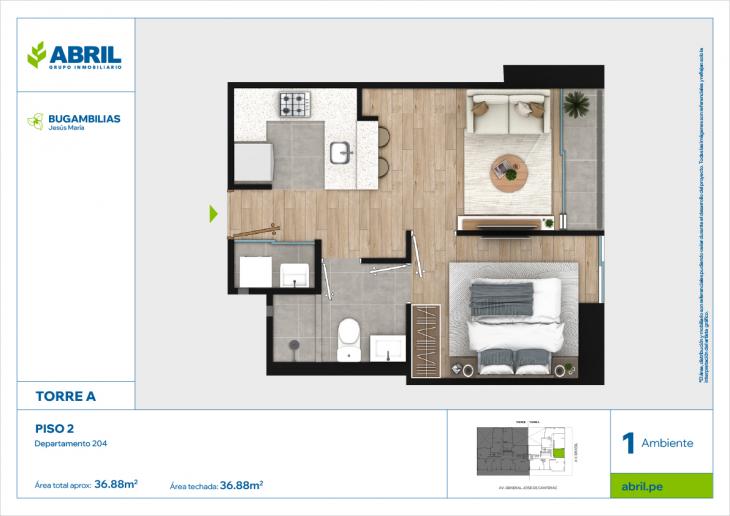 Plano del modelo BUG-A-204 del proyecto Bugambilias en Jesus Maria