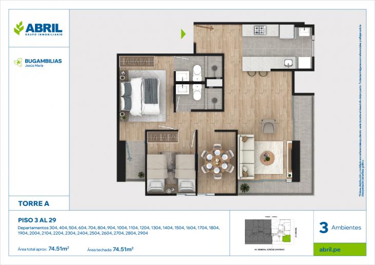 Plano del modelo BUG-A-304 AL 2904 del proyecto Bugambilias en Jesus Maria