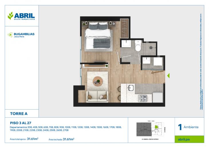 Plano del modelo BUG-A-308 AL 2708 del proyecto Bugambilias en Jesus Maria