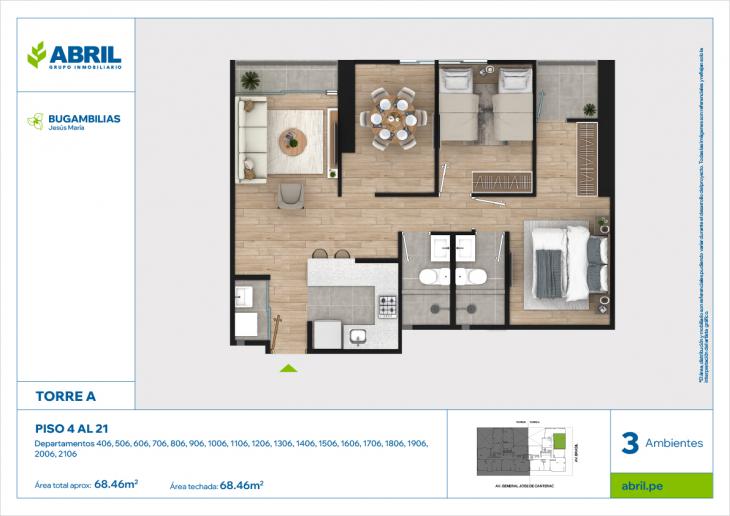 Plano del modelo BUG-A-406 AL 2106 del proyecto Bugambilias en Jesus Maria