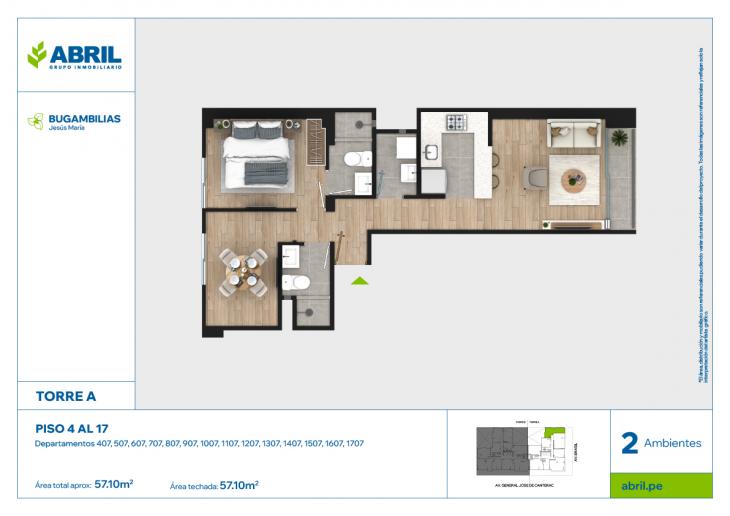 Plano del modelo BUG-A-407 AL 1707 del proyecto Bugambilias en Jesus Maria