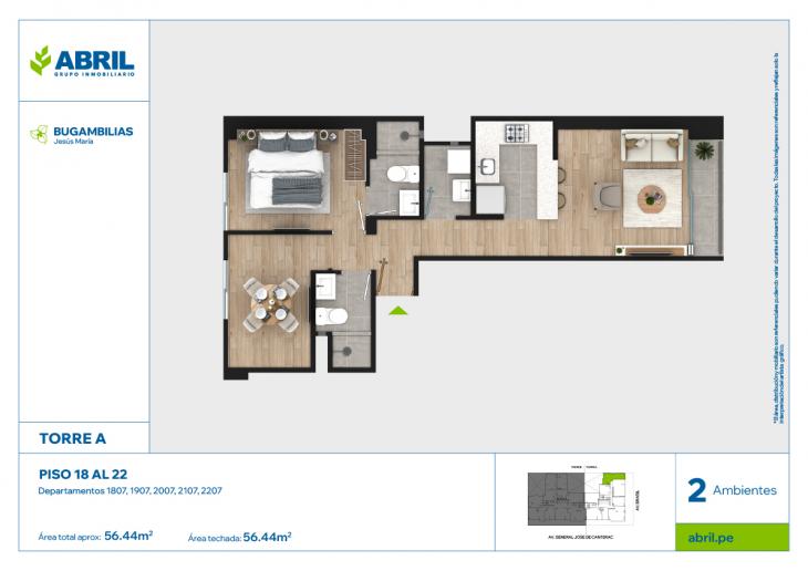 Plano del modelo BUG-A-1807 AL 2207 del proyecto Bugambilias en Jesus Maria