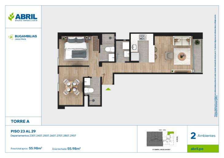 Plano del modelo BUG-A-2307 AL 2907 del proyecto Bugambilias en Jesus Maria