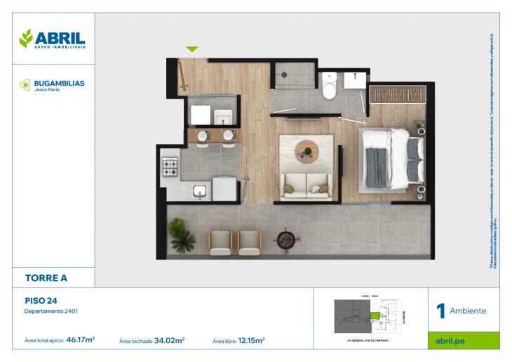 Plano del modelo BUG-A-2401 del proyecto Bugambilias en Jesus Maria