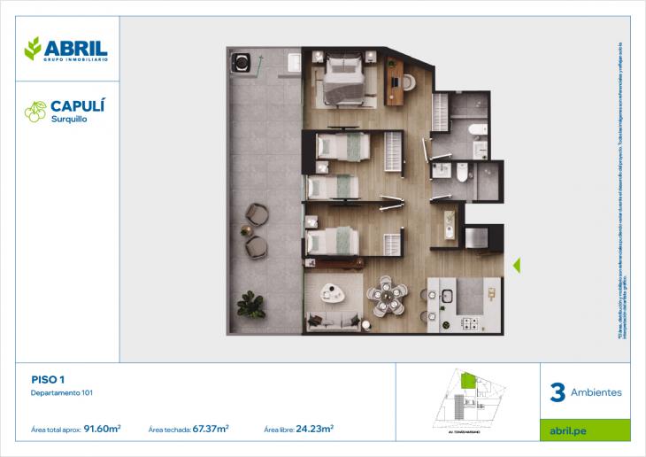 Plano del modelo CAP-101_V1 del proyecto Capulí en Surquillo