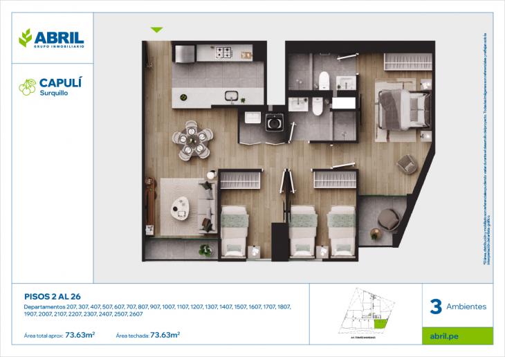 Plano del modelo CAP-207AL2607_V1 del proyecto Capulí en Surquillo