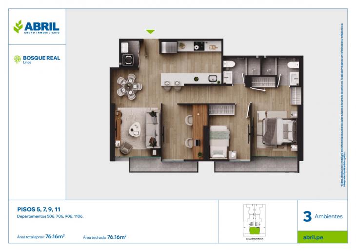 Plano del modelo DPTO-506-706-906-1106 del proyecto Bosque Real en Lince