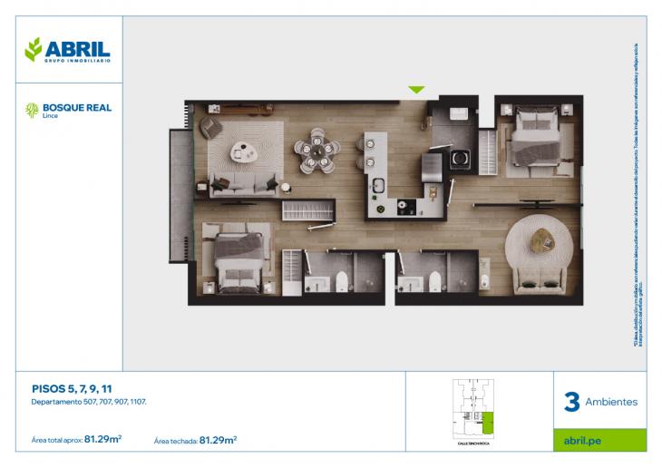 Plano del modelo DPTO-507-707-907-1107 del proyecto Bosque Real en Lince