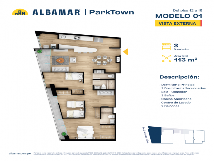 Plano del modelo Tipo 1C del proyecto Albamar | Park Town en Miraflores