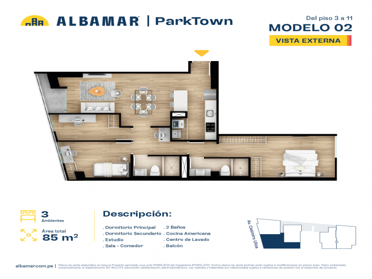 Plano del modelo Tipo 2B del proyecto Albamar | Park Town en Miraflores