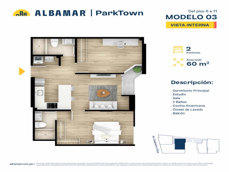 Plano del modelo Tipo 3B del proyecto Albamar | Park Town en Miraflores