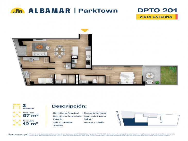 Plano del modelo Tipo 1A del proyecto Albamar | Park Town en Miraflores