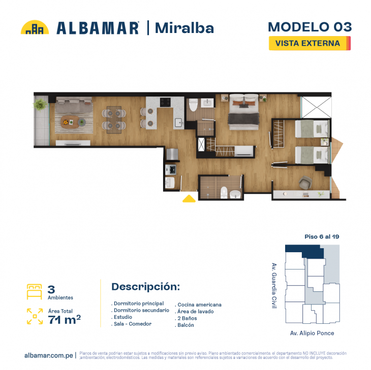 Plano del modelo TIPO 3 del proyecto Albamar | Miralba en Chorrillos