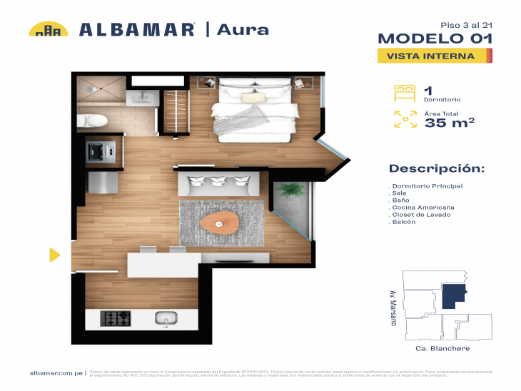 Plano del modelo TIPO 1A del proyecto Albamar | Aura en Surquillo