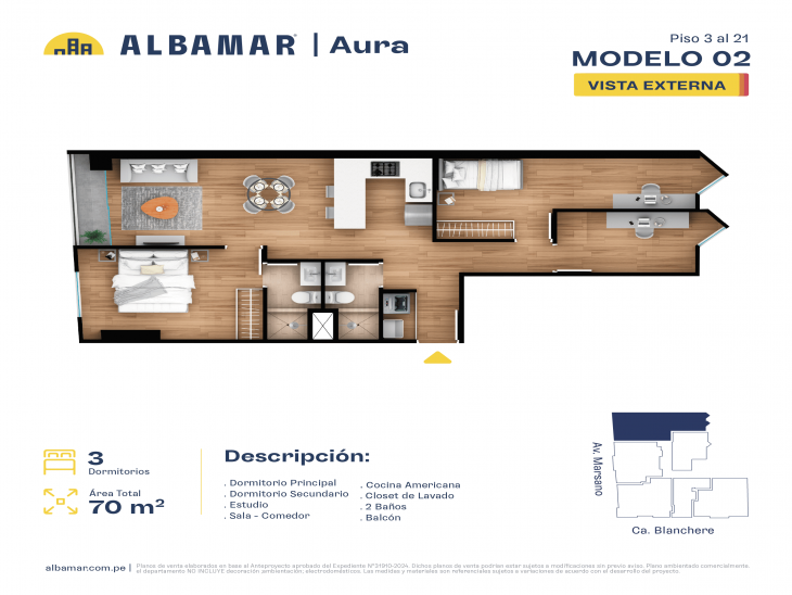 Plano del modelo TIPO 2B del proyecto Albamar | Aura en Surquillo
