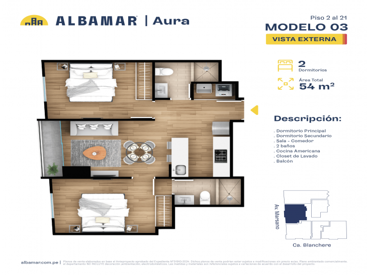 Plano del modelo TIPO 3C del proyecto Albamar | Aura en Surquillo