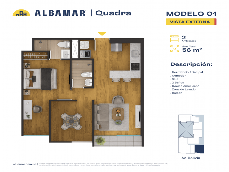 Plano del modelo 1A del proyecto Albamar | Quadra en Breña