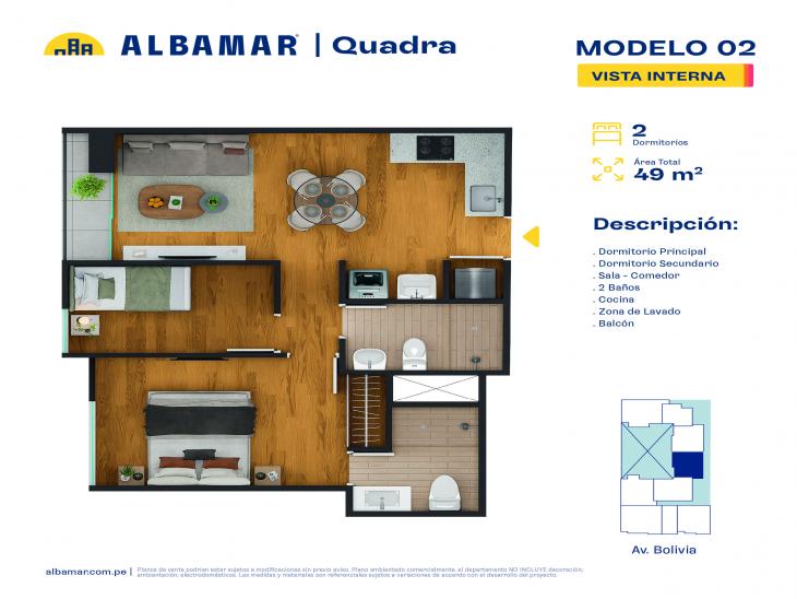 Plano del modelo 2E del proyecto Albamar | Quadra en Breña