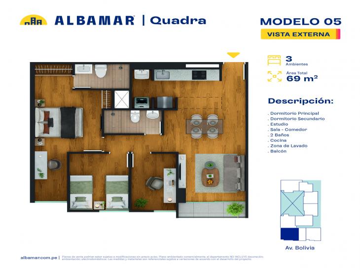 Plano del modelo 5J del proyecto Albamar | Quadra en Breña