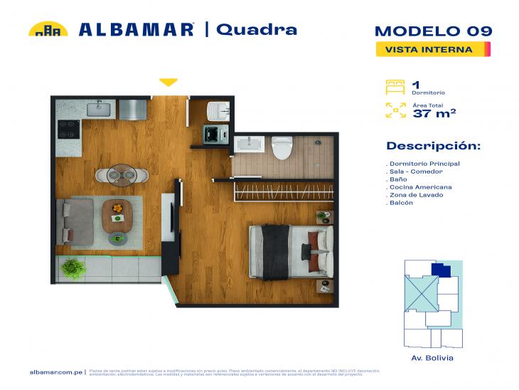Plano del modelo 9Q del proyecto Albamar | Quadra en Breña