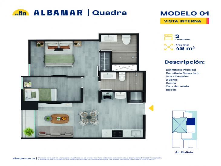 Plano del modelo 1B del proyecto Albamar | Quadra en Breña