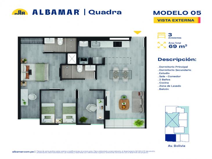 Plano del modelo 5J del proyecto Albamar | Quadra en Breña