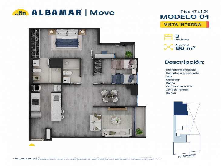 Plano del modelo Modelo 1C del proyecto Albamar | Move en Miraflores
