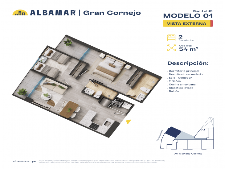 Plano del modelo A del proyecto Albamar | Gran Cornejo en Breña