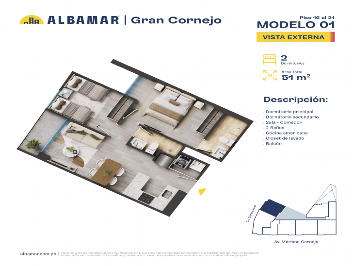 Plano del modelo AB del proyecto Albamar | Gran Cornejo en Breña