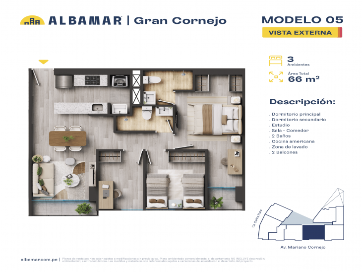 Plano del modelo E del proyecto Albamar | Gran Cornejo en Breña