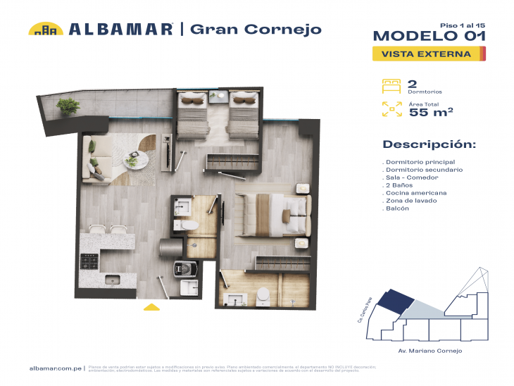 Plano del modelo A del proyecto Albamar | Gran Cornejo en Breña