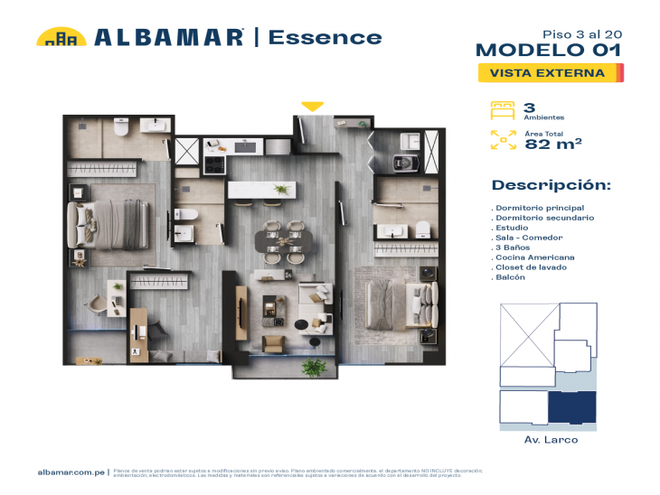 Plano del modelo Modelo 1A del proyecto Albamar | Essence en Miraflores
