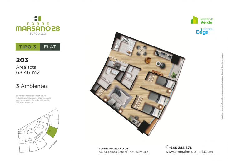 Plano del modelo 3 del proyecto Torre Marsano 28 en Surquillo