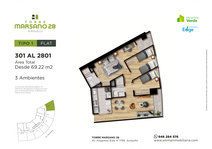 Plano del modelo 1 del proyecto Torre Marsano 28 en Surquillo