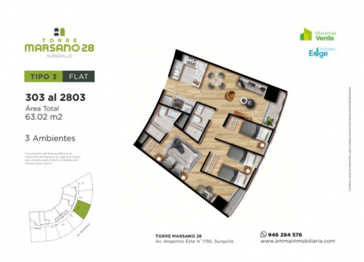 Plano del modelo 3 del proyecto Torre Marsano 28 en Surquillo
