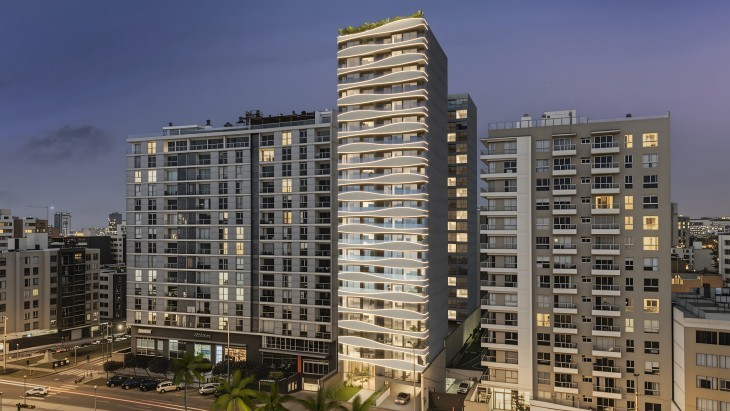 Fachada principal del proyecto ASTER COSTANERA en San Miguel