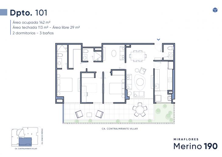 Plano del modelo Flat 101 del proyecto Merino 190 en Miraflores