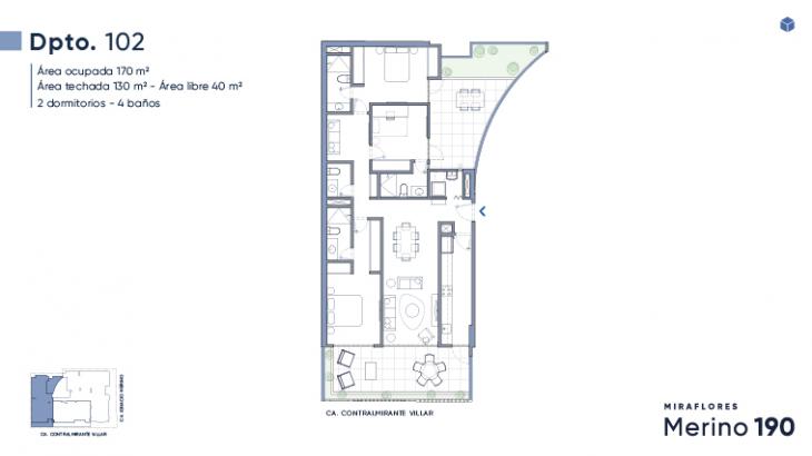 Plano del modelo Flat 102 del proyecto Merino 190 en Miraflores