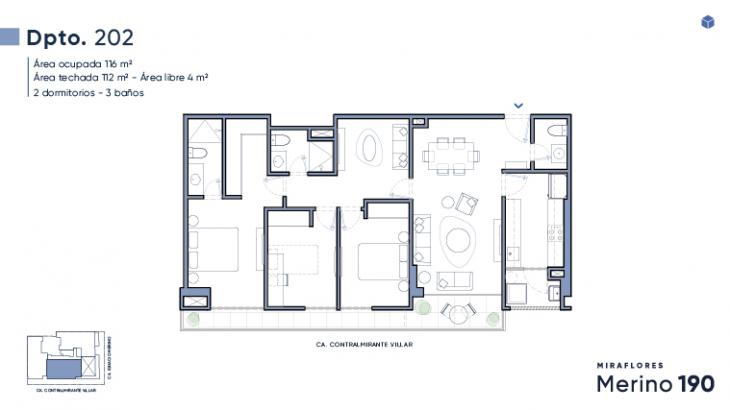 Plano del modelo Flat 202 del proyecto Merino 190 en Miraflores
