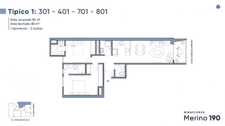 Plano del modelo Tipo 01 del proyecto Merino 190 en Miraflores